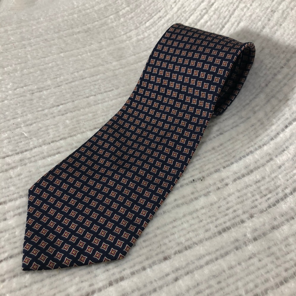 Polo Ralph Lauren Silk Tie Navy Blue Red Gold Geometric Square Print Mens Tie